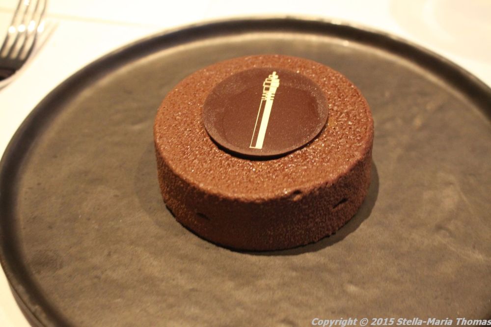 BT TOWER 50TH BIRTHDAY, DARK CHOCOLATE CUSTARD, WHITE CHOCOLATE GANACHE, HAZELNUT, HOT CHOCOLATE SAUCE 031