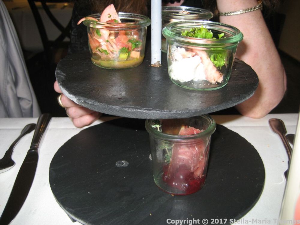 ZELTINGER HOF RESTAURANT - MOSEL-FASSDAUBENSCHMAUS (SMOKED TROUT, SAFFRON SAUCE, PFIFFERLING CREAM SOUP, BLACK PUDDING APPLE COMPOTE &amp; ONIONS, GOAT'S CHEESE ON TOMATO CONFIT, KASSELER &amp;