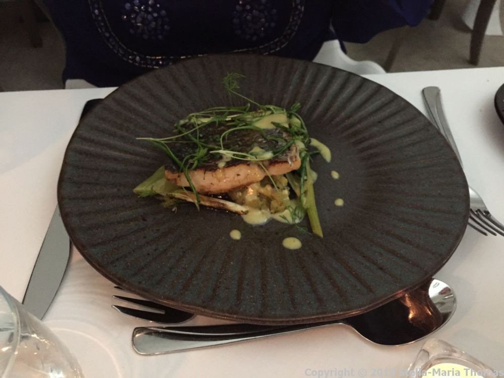 HIBISCUS, PAN ROASTED ATLANTIC STONE BASS, CRUSHED NEW POTATO, SPRING ONION, LOVAGE SAUCE 006