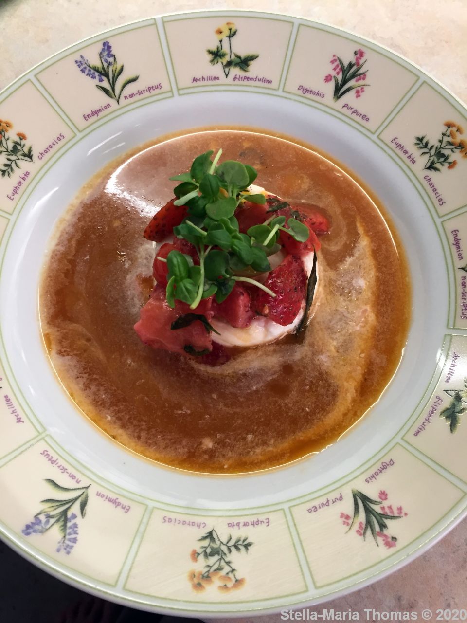 THE FOLLY, LOCKDOWN TASTING MENU NO. 7, AMUSE BOUCHE ROASTED TOMATO GAZPACHO, BURRATA, STRAWBERRIES 011